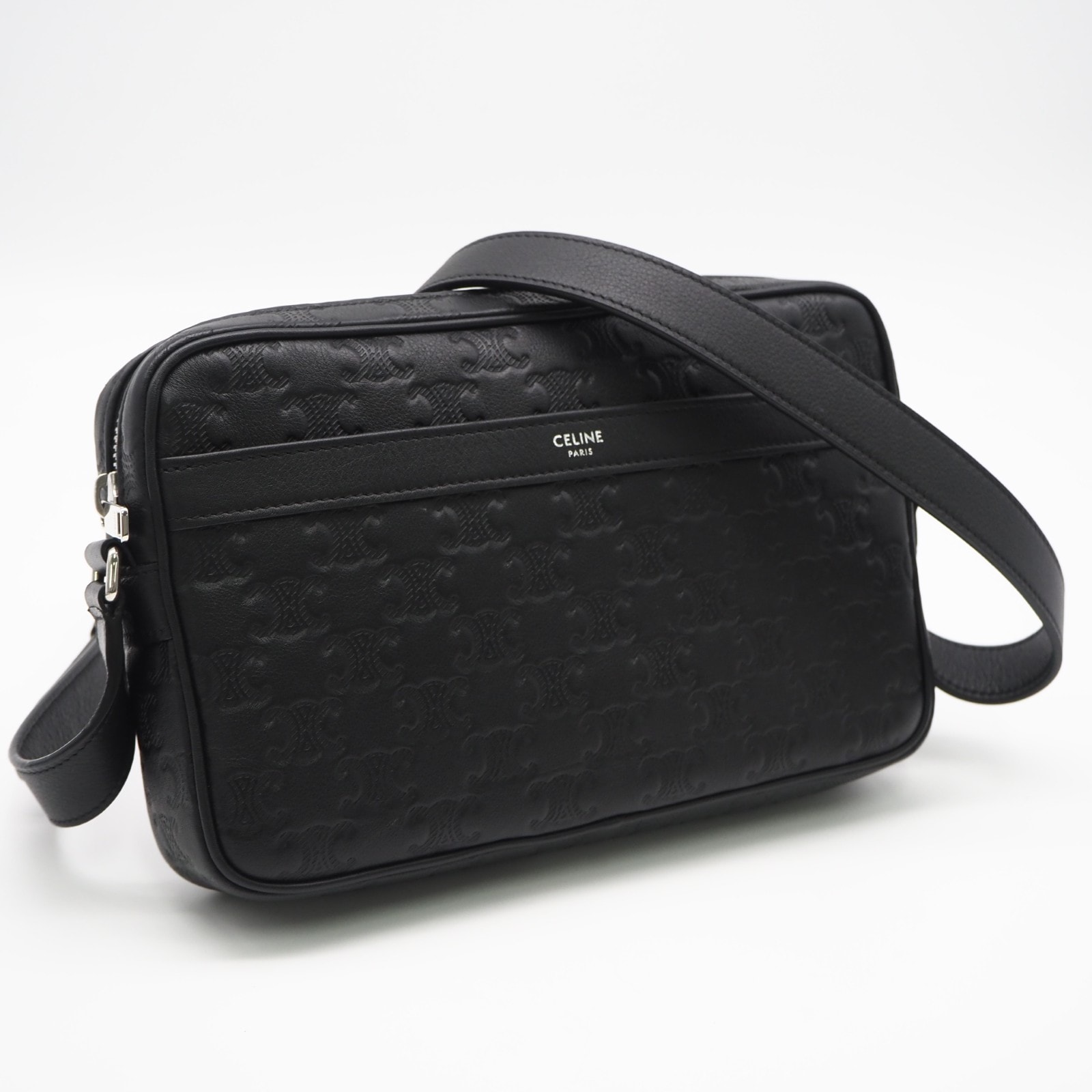 美品 CELINE セリーヌ トリオンフ ミディアム メッセンジャー 117003FS338SI ショルダーバッグ ブラック カーフレザー メンズ