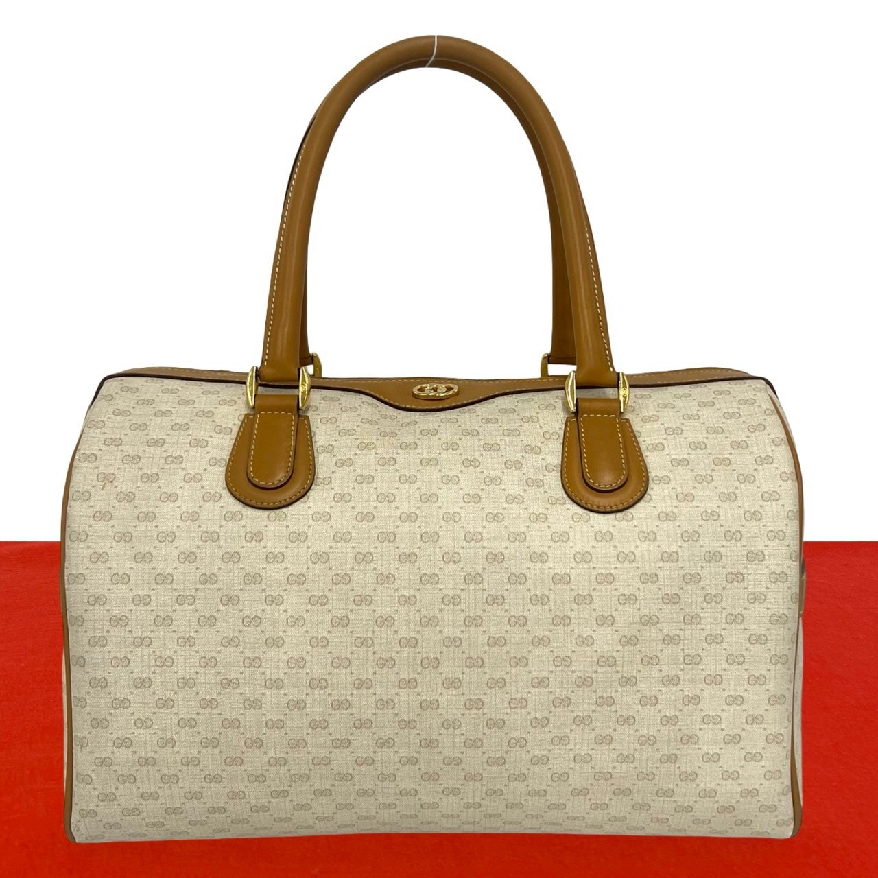 GUCCI グッチ マイクロGG ロゴ 柄 レザー PVC ボストンバッグ ベージュ
 83271