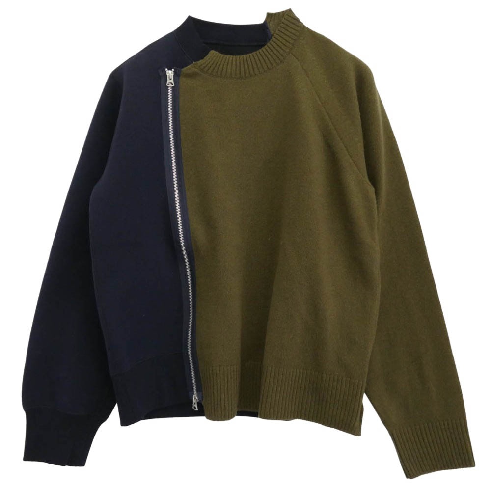 Sacai サカイ ニット SCM-250 Wool Knit x Sponge Sweat Blouson ウールニット スポンジスウェット ドッキング ブルゾン ネイビー系 カーキ系 1【中古】