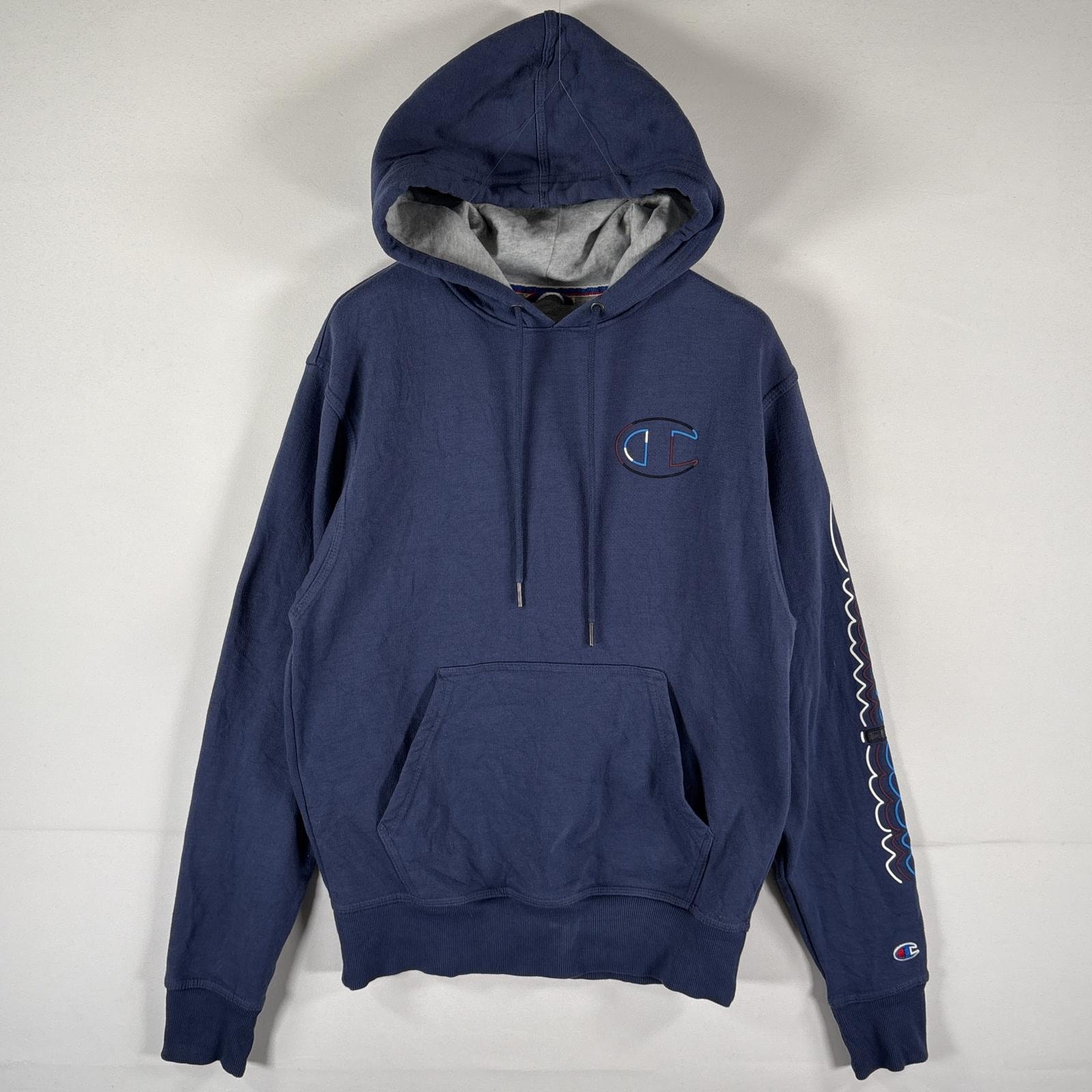 古着 チャンピオン Champion パーカー スウェット フーディ ワッペンロゴ プルオーバー スリーブロゴ S(USA) ネイビー メンズ