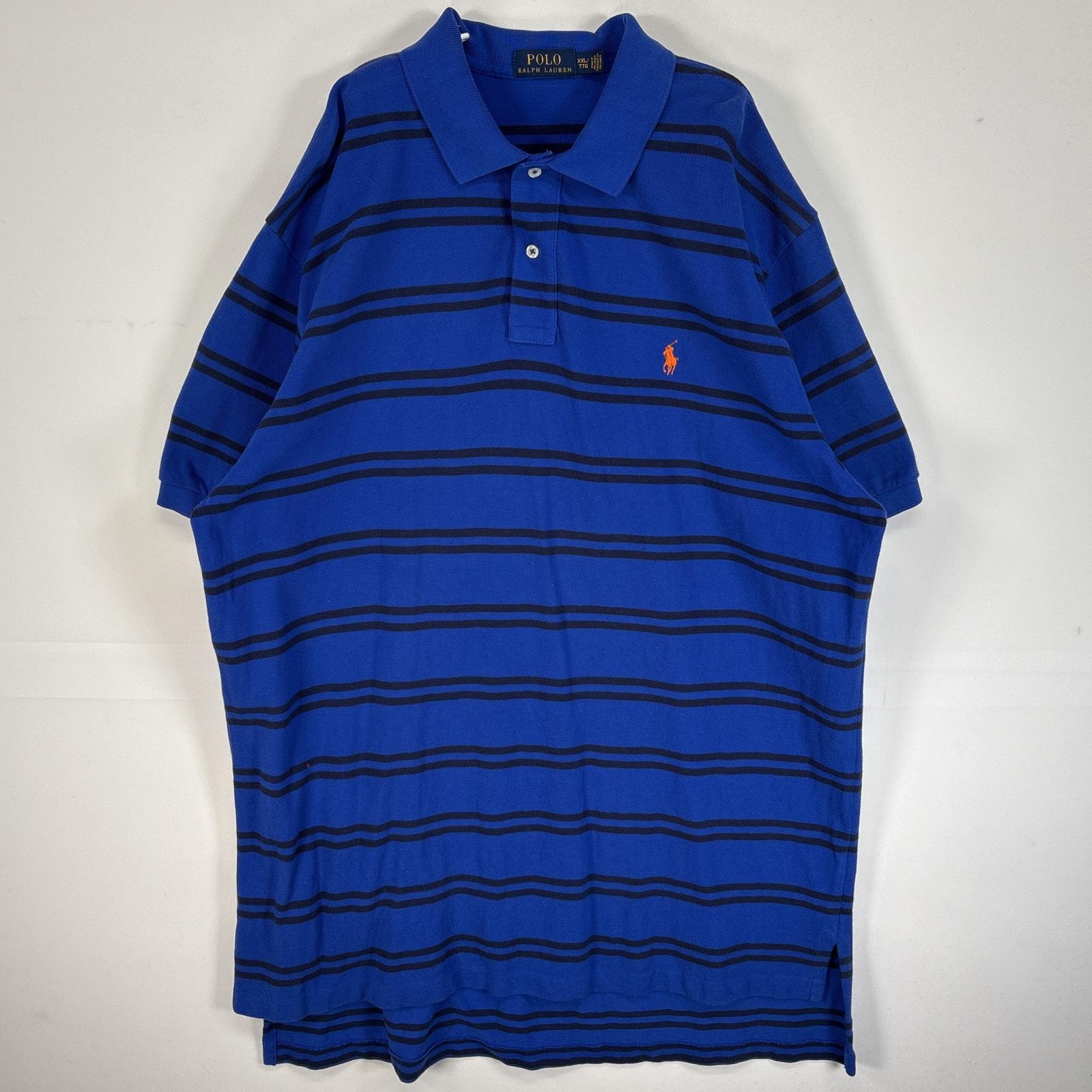 古着 ポロ・ラルフローレン POLO RALPH LAUREN 鹿の子 半袖 ポロシャツ ロゴ 刺繍 大きいサイズ 2ボタン 14041  ブルー系 ボーダー メンズ