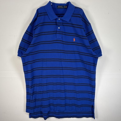 古着 ポロ・ラルフローレン POLO RALPH LAUREN 鹿の子 半袖 ポロシャツ ロゴ 刺繍 大きいサイズ 2ボタン 14041 ブルー系 ボーダー メンズ
