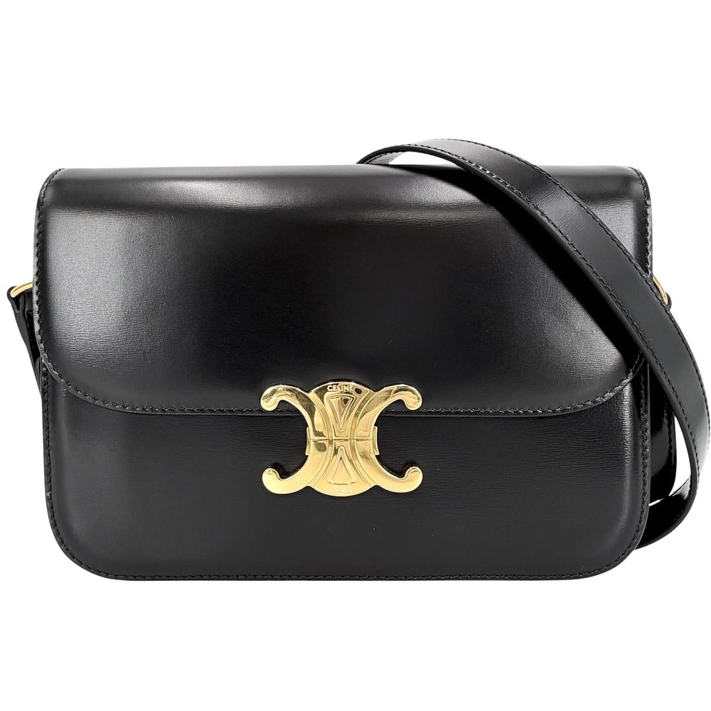 CELINE セリーヌ ショルダーバッグ クラシック トリオンフ 肩掛け 斜め掛け カーフ ブラック 黒 ゴールド金具 レディース【中古品】
