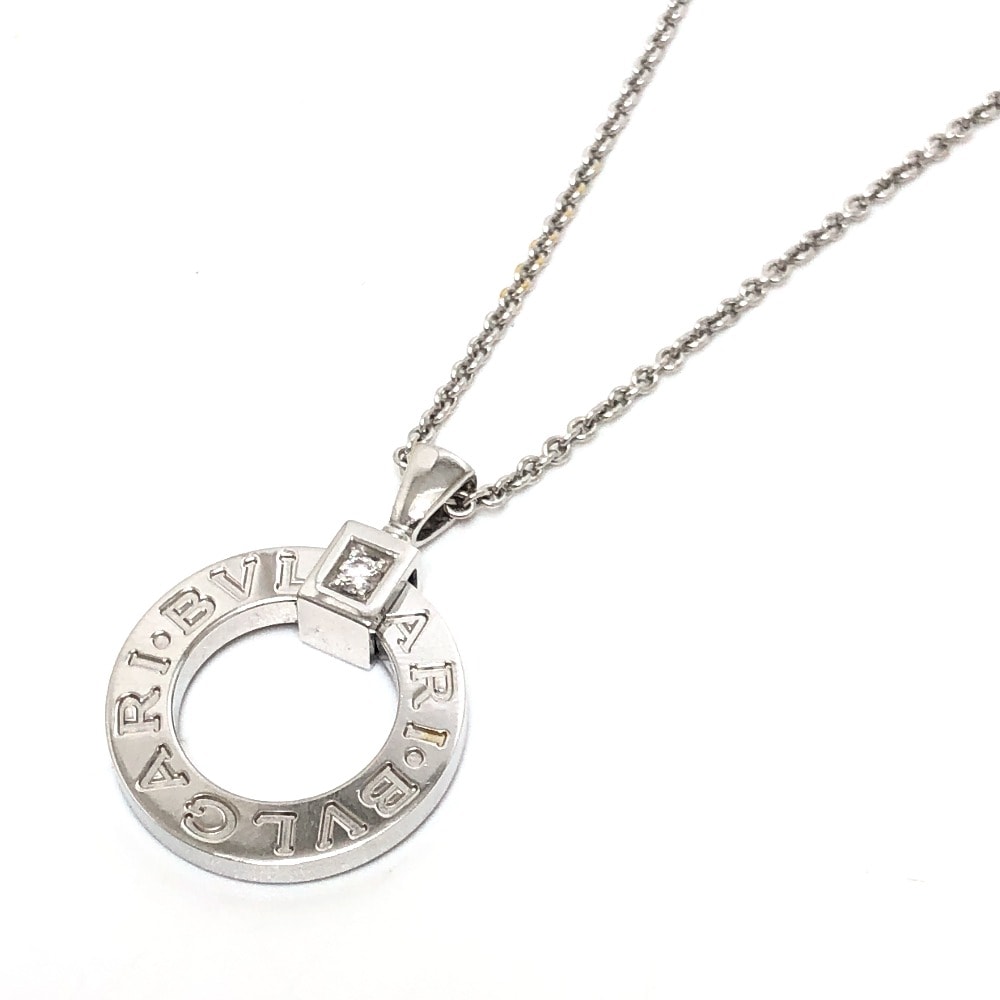 ブルガリ BVLGARI K18WG ダイヤ1P ブルガリ・ブルガリ アクセサリー サークルロゴ ネックレス K18WG シルバー 新品同様
