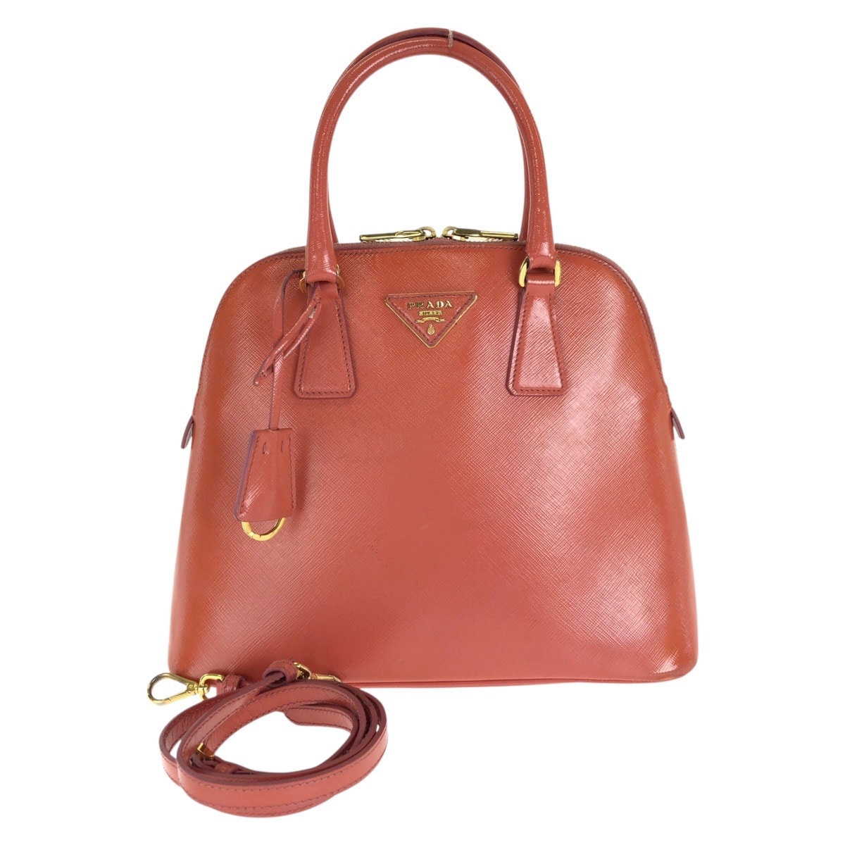 PRADA プラダ サフィアーノ 三角ロゴプレート 2way オレンジ ゴールド金具 レザー ハンドバッグ ショルダーバッグ 1-0297903 【中古】