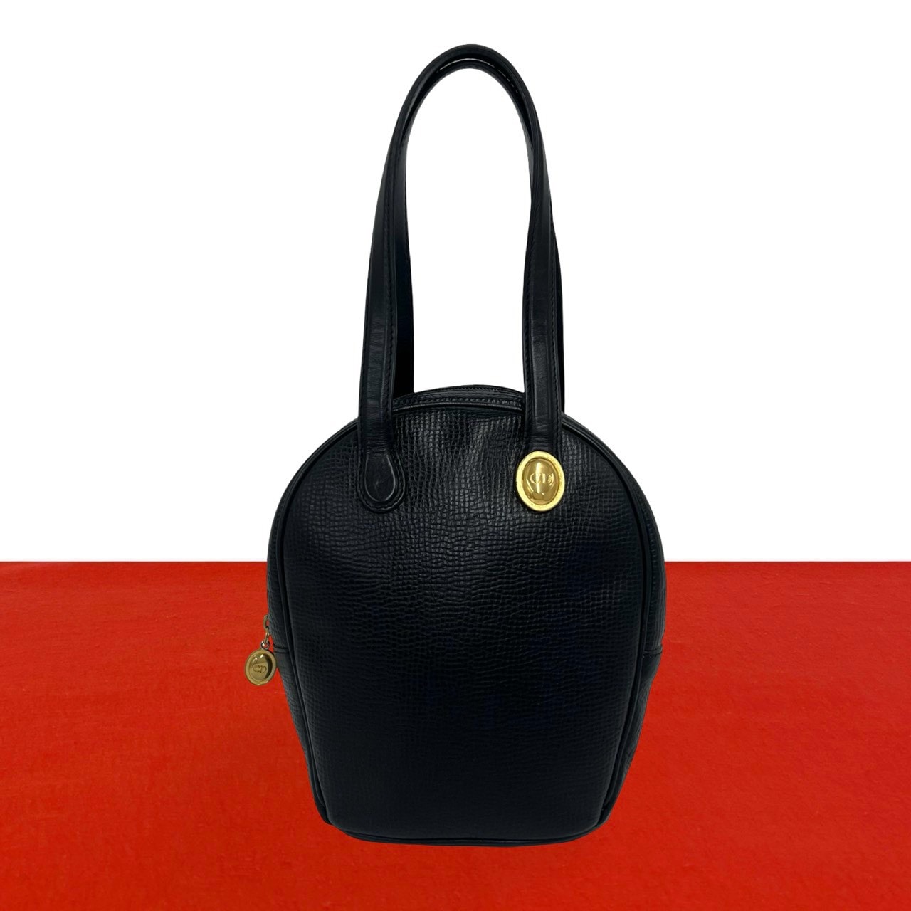 Christian Dior ディオール CD ロゴ 金具 レザー ハンドバッグ ブラック
 344-5