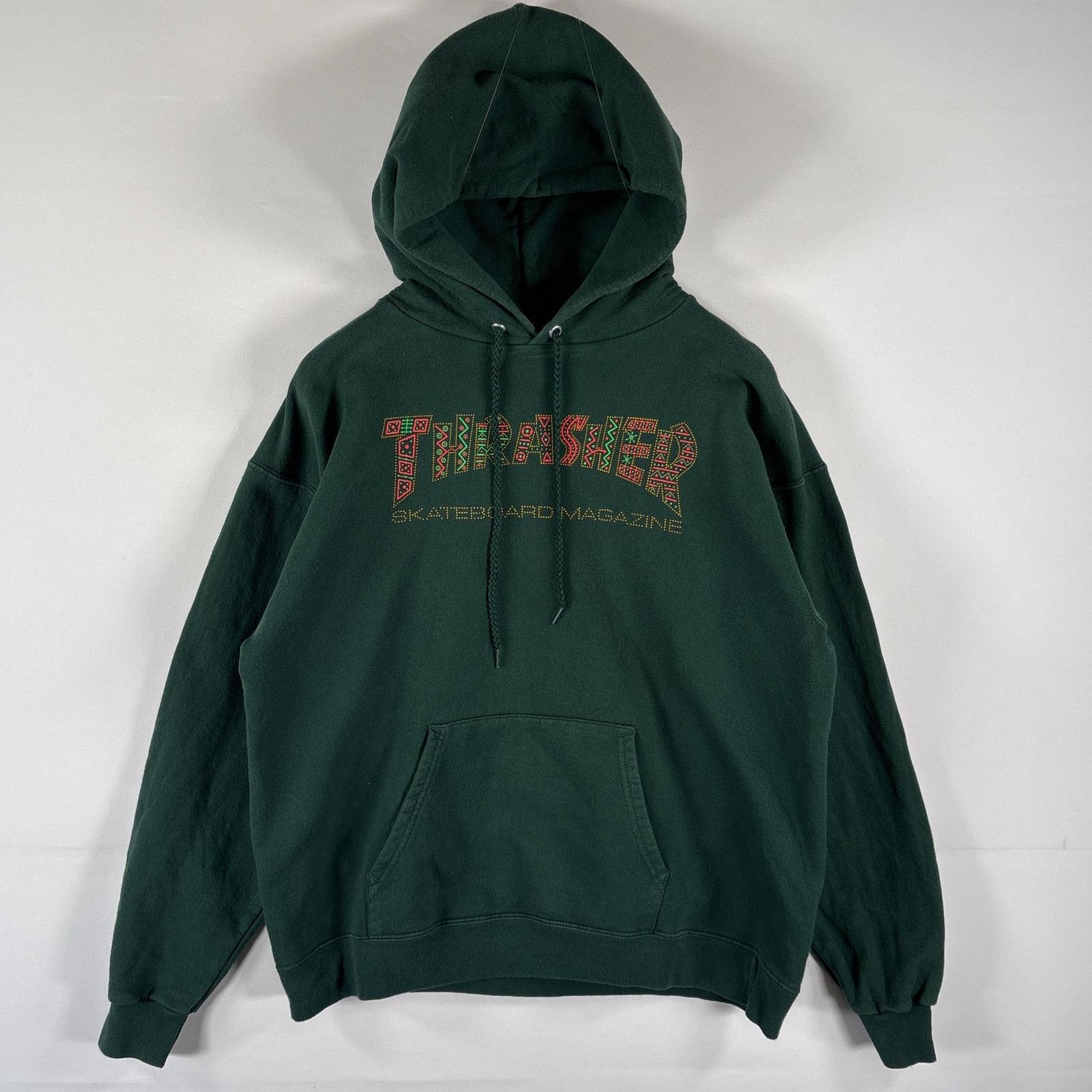 古着 スラッシャー THRASHER パーカー スウェット フーディ スケーター プルオーバー  ビッグロゴプリント ストリート M  グリーン メンズ