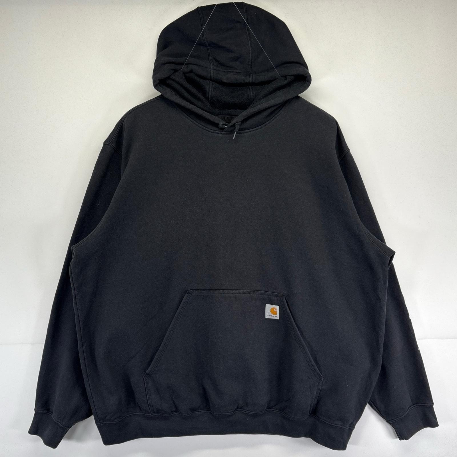古着 カーハート Carhartt パーカー 大きいサイズ ワンポイントロゴ 袖プリントデザイン フーディー ワーク 2XL  ブラック メンズ