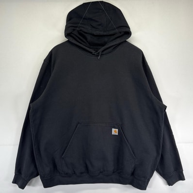 古着 カーハート Carhartt パーカー 大きいサイズ ワンポイントロゴ 袖プリントデザイン フーディー ワーク 2XL ブラック メンズ