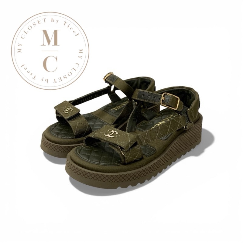 シャネル CHANEL サンダル 靴 シューズ ファブリック カーキ ゴールド ココマーク ストラップ