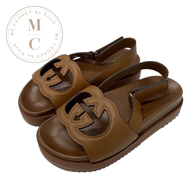 グッチ GUCCI サンダル 靴 シューズ レザー ブラウン 未使用 インターロッキングG ベルクロ