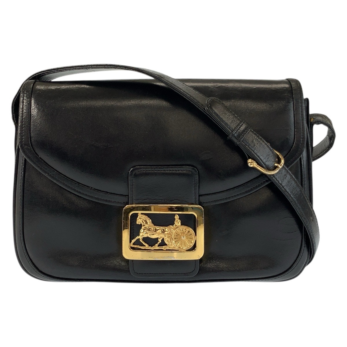 CELINE セリーヌ 馬車金具 ブラック 黒 ゴールド金具 レザー ショルダーバッグ 601415 【中古】