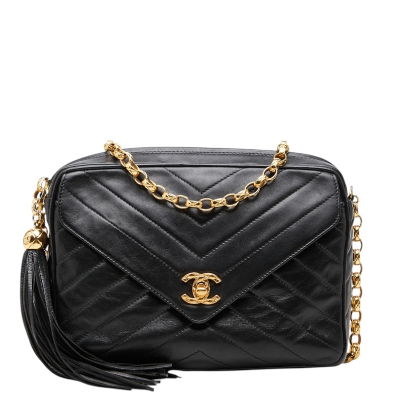 シャネル シェブロン Vステッチ ココマーク チェーン ショルダーバッグ ブラック ラムスキン レディース CHANEL 中古