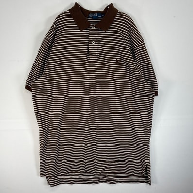 古着 ポロバイラルフローレン Polo by Ralph Lauren 鹿の子 半袖 ポロシャツ ロゴ 刺繍 大きいサイズ 2ボタン XL ブラウン系 ボーダー メンズ