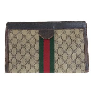 GUCCI グッチ ヴィンテージ シェリーライン オールドグッチ ベージュ ブラウン GGスプリームキャンバス レザー/ クラッチバッグ セカンドバッグ 505728 【中古】