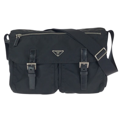美品 PRADA プラダ テスート 三角ロゴプレート ブラック 黒 シルバー金具 ナイロン レザー/ ショルダーバッグ メッセンジャーバッグ 601318 【中古】