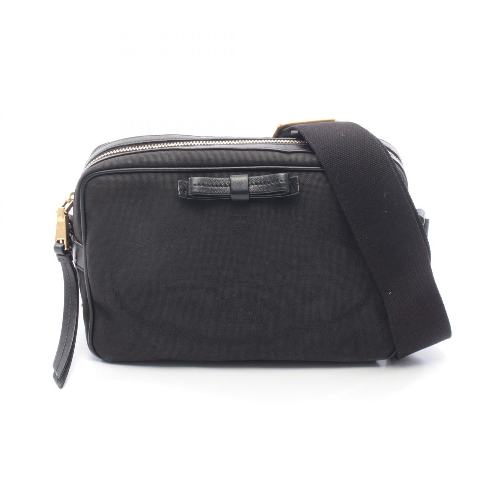 プラダ PRADA ロゴジャガード ショルダーバッグ バッグ キャンバス レザー レディース ブラック系 【中古】