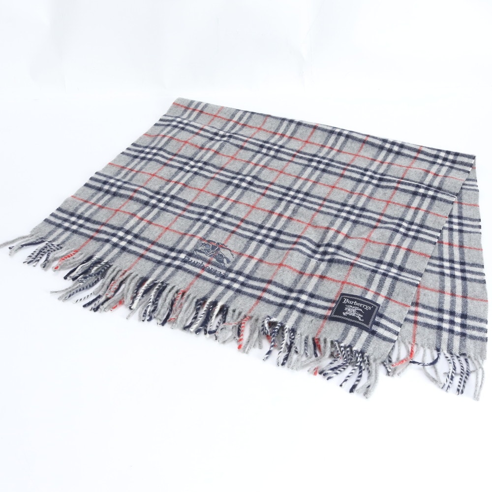 ■美品 バーバリー ノバ チェックホースロゴ フリンジ グレーマフラー