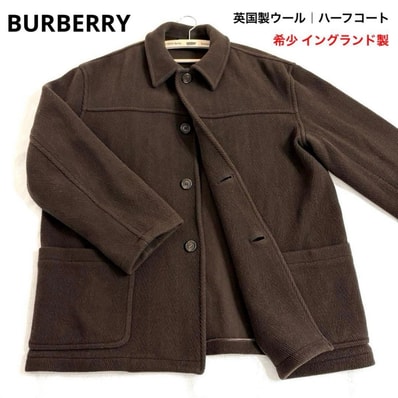 バーバリー BURBERRY LONDON 英国製 ヘリンボーン ウール80% ハーフコート ブラウン 茶 L メンズ 正規品 冬 シャツカラー 前ボタン パッチポケット2 ジップ付き内ポケット ナイロン20% イングランド ウールジャケット 秋 ヴィンテージ