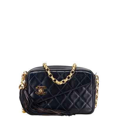 シャネル マトラッセ ココマーク フリンジ チェーン ショルダーバッグ ネイビー ラムスキン レディース CHANEL 【中古】
