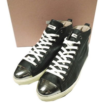 MIU MIU ミュウミュウ メタリックトゥ スムースレザー ミドルカットスニーカー 5T9556 38(25cm) BLACK スニーカー シューズ g26864