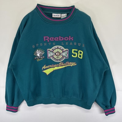 古着 90's/90年代 リーボック Reebok スウェット プルオーバー トレーナー ロゴデザインプリント リブ襟 L グリーン系 メンズ