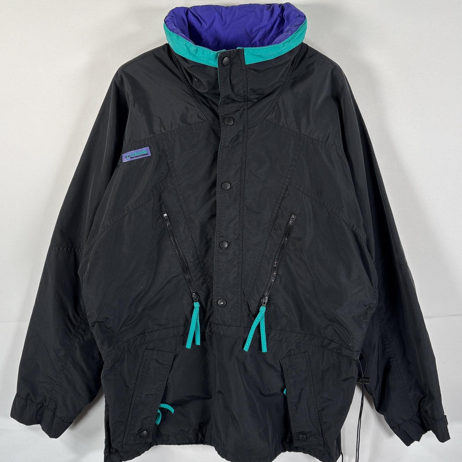 古着 90's/90年代 コロンビア Columbia アノラックパーカー ワンポイントロゴ フーディー L  ブラック マルチカラー メンズ