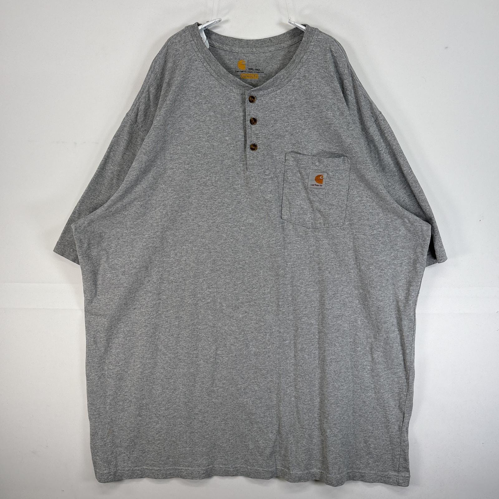 古着 カーハート Carhartt 半袖Tシャツ ヘンリーネック 大きいサイズ 肉厚 ワンポイント ロゴ 胸ポケ 2XL  グレー 無地 メンズ