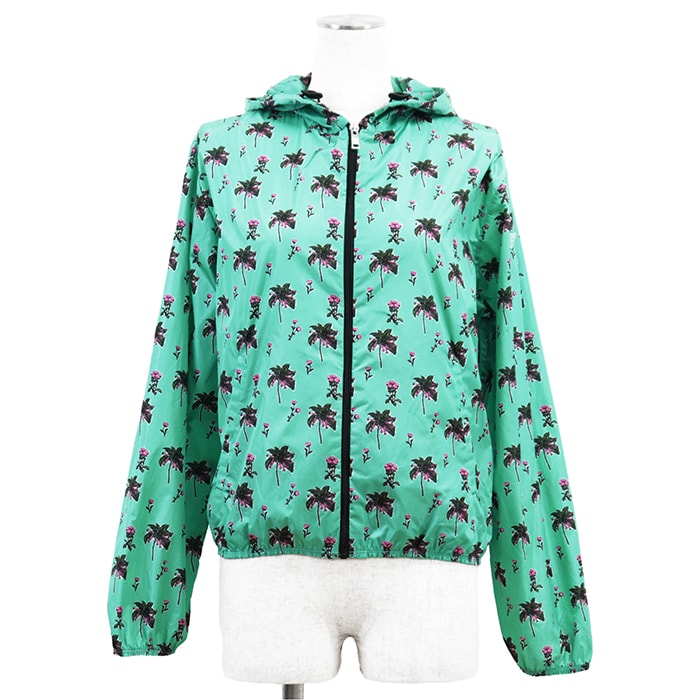 【美品】PRADA プラダ ブルゾン ナイロンジャケット サイズ 36 レディース ロゴ トライアングルプレート ジップアップ フーディー トロピカル フローラル 花柄 総柄 軽量 アウター エメラルドグリーン 緑 ベトナム製