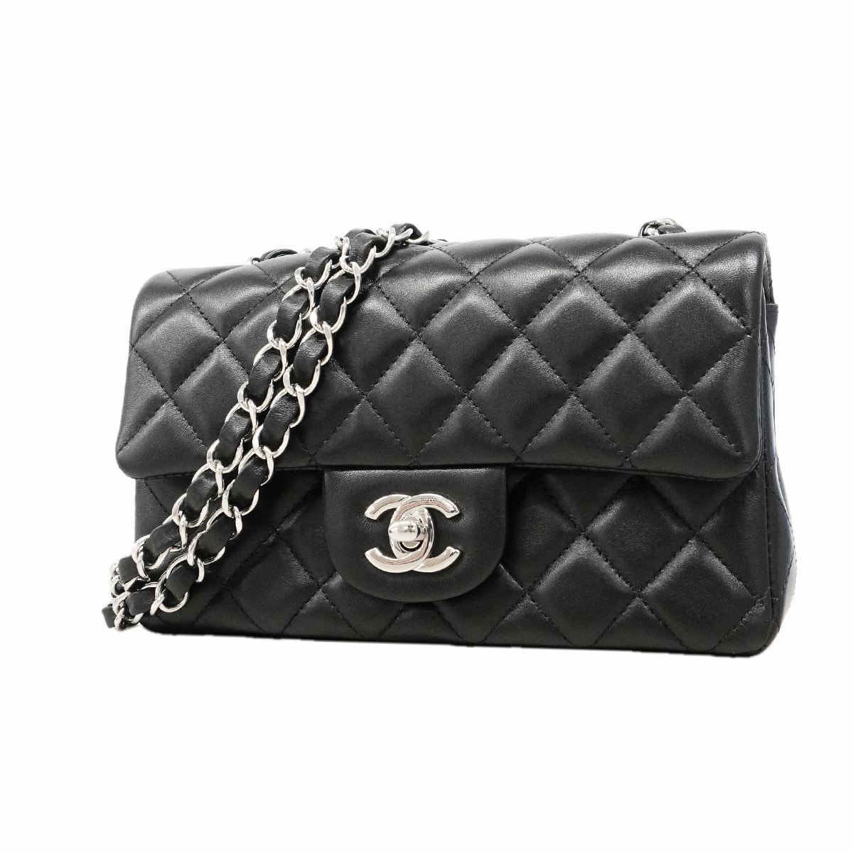 【6ib2673】シャネル ショルダーバッグ ミニマトラッセ チェーンショルダー ラムスキン ブラック シルバー金具【中古】レディース