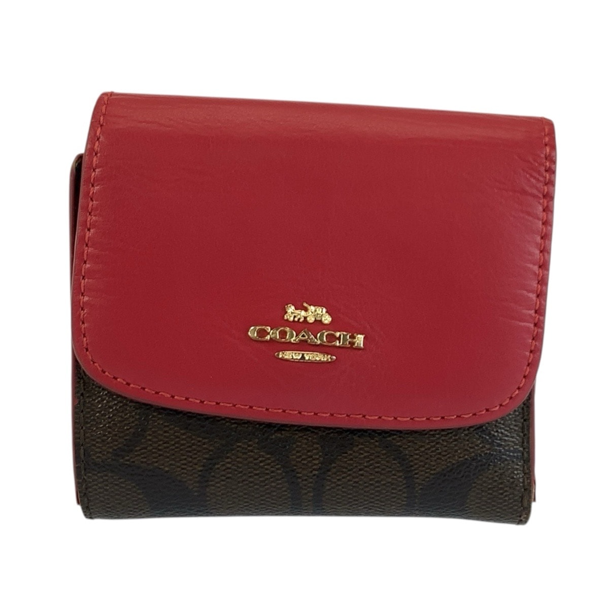 COACH コーチ シグネチャー レッド ブラウン ゴールド金具 レザー 折財布 コンパクトウォレット 602673 【中古】