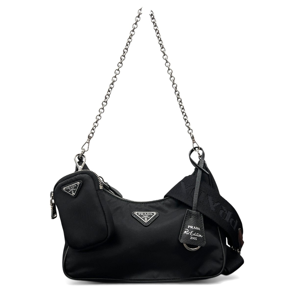 PRADA 展示品級 プラダ Re-Edition 2005 リエディション RE-NYLON リナイロン 2way チェーン ショルダーバッグ 1BH204 RFID確認済 ナイロン ブラック トライアングルロゴ ロゴプレート SAランク 鑑定済 中古