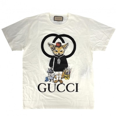 GUCCI グッチ 半袖Tシャツ ヒグチユウコ ロゴプリントクルーネックTシャツ トップス アパレル 日本限定 服 M 548334 アイボリー ブラック 黒 コットン メンズ 春 夏 美品【中古品】