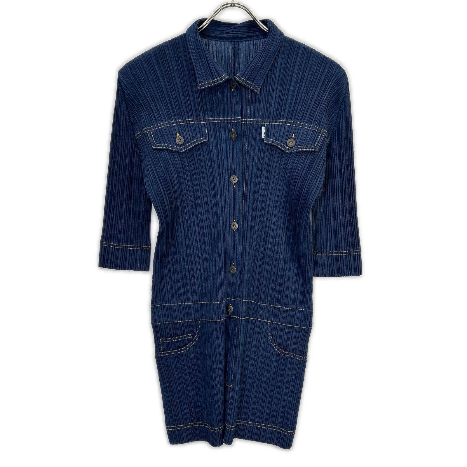 プリーツプリーズ ブルー PP81ーJH422 デニム転写 シャツワンピース 4