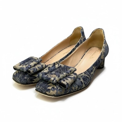 超美品 Christian Dior クリスチャンディオール Flower Printed Denim Bellet パンプス ブルー デニム パンプス A3-00070 【中古】