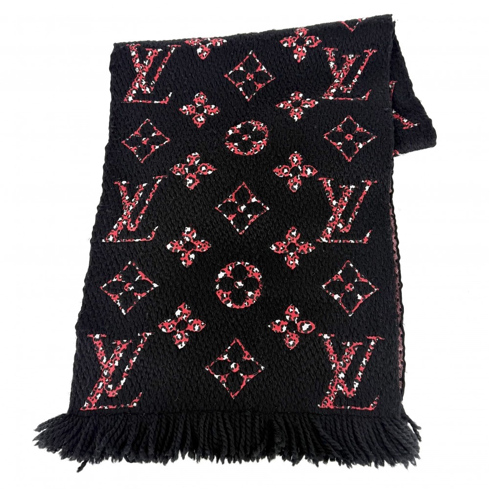 LOUIS VUITTON ルイヴィトン マフラー エシャルプ・ジャイアント モノグラム ジャングル 小物 防寒具 M76345 ウール  シルク   ブラック 黒 レッド 赤 レディース 冬【中古品】