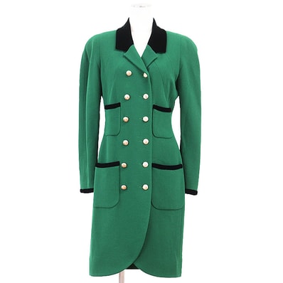 【美品】CHANEL BOUTIQUE シャネル ブティック ヴィンテージコート レディース 38 ツイード ベルベットトリミングカラー COCOマーク ピンボタン ウール100% ダブルブレスト ロングジャケット アウター 黒 緑 28333 / B06