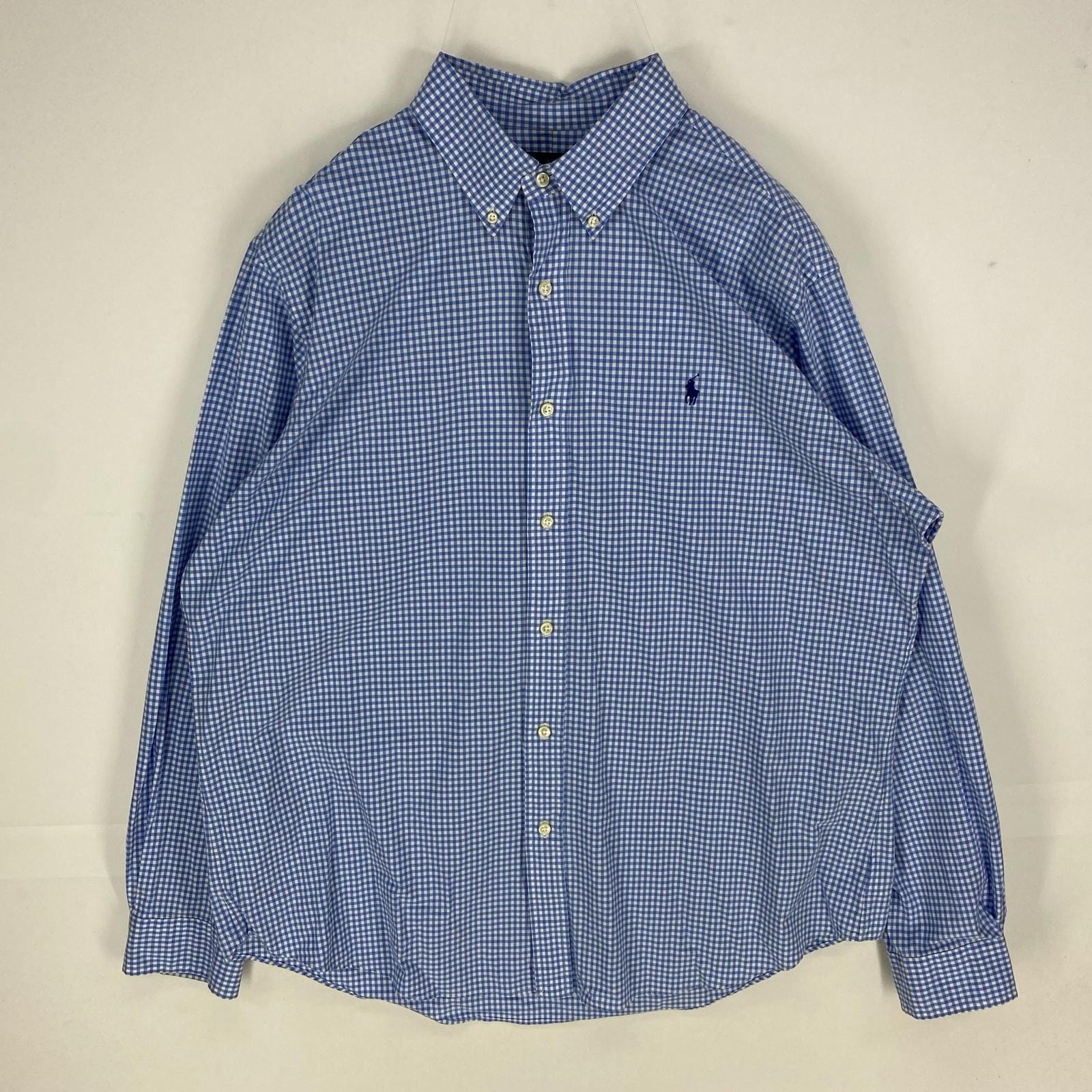 古着 ラルフローレン RALPH LAUREN 長袖シャツ ボタンダウン ワンポイント 刺繍ロゴ XL  ブルー系 チェック メンズ
