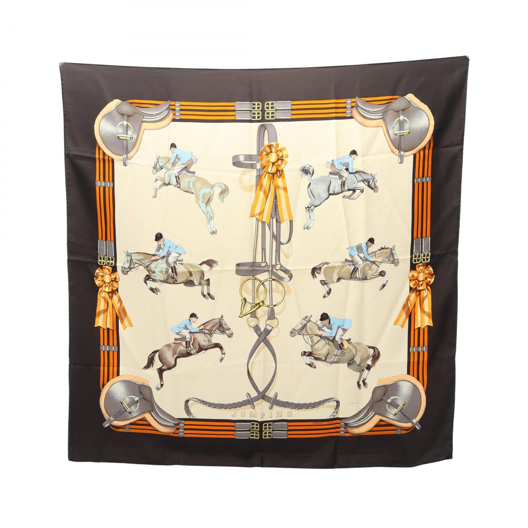 エルメス HERMES カレ90 JUMPING スカーフ 衣料品 シルク シルク ベージュ レディース ブラウン系 / ベージュ系 / マルチカラー 【中古】