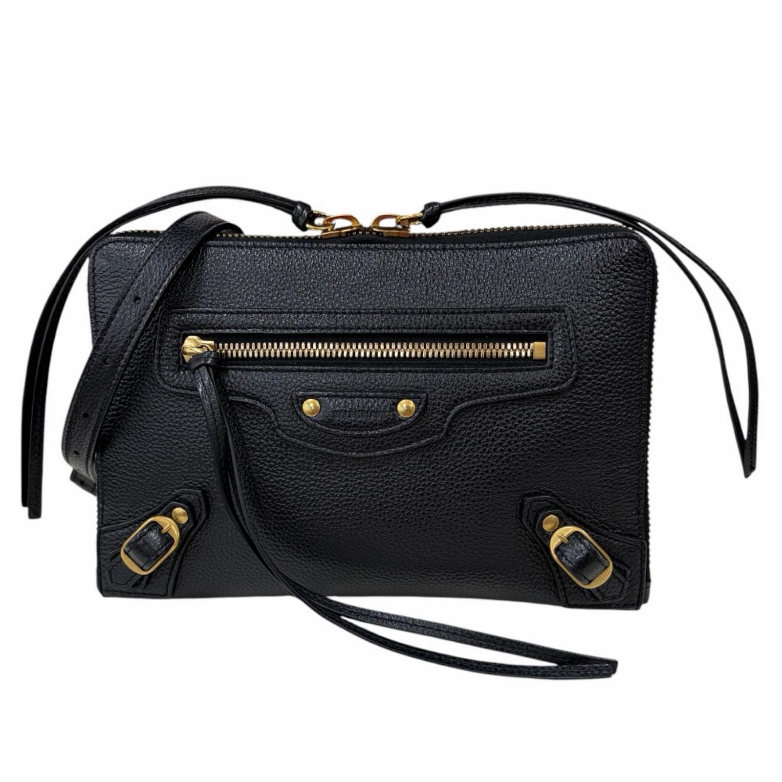 バレンシアガ ネオ クラシック ストラップ付スモールポーチ ショルダーバッグ レザー 644482 ブラック レディース BALENCIAGA 中古