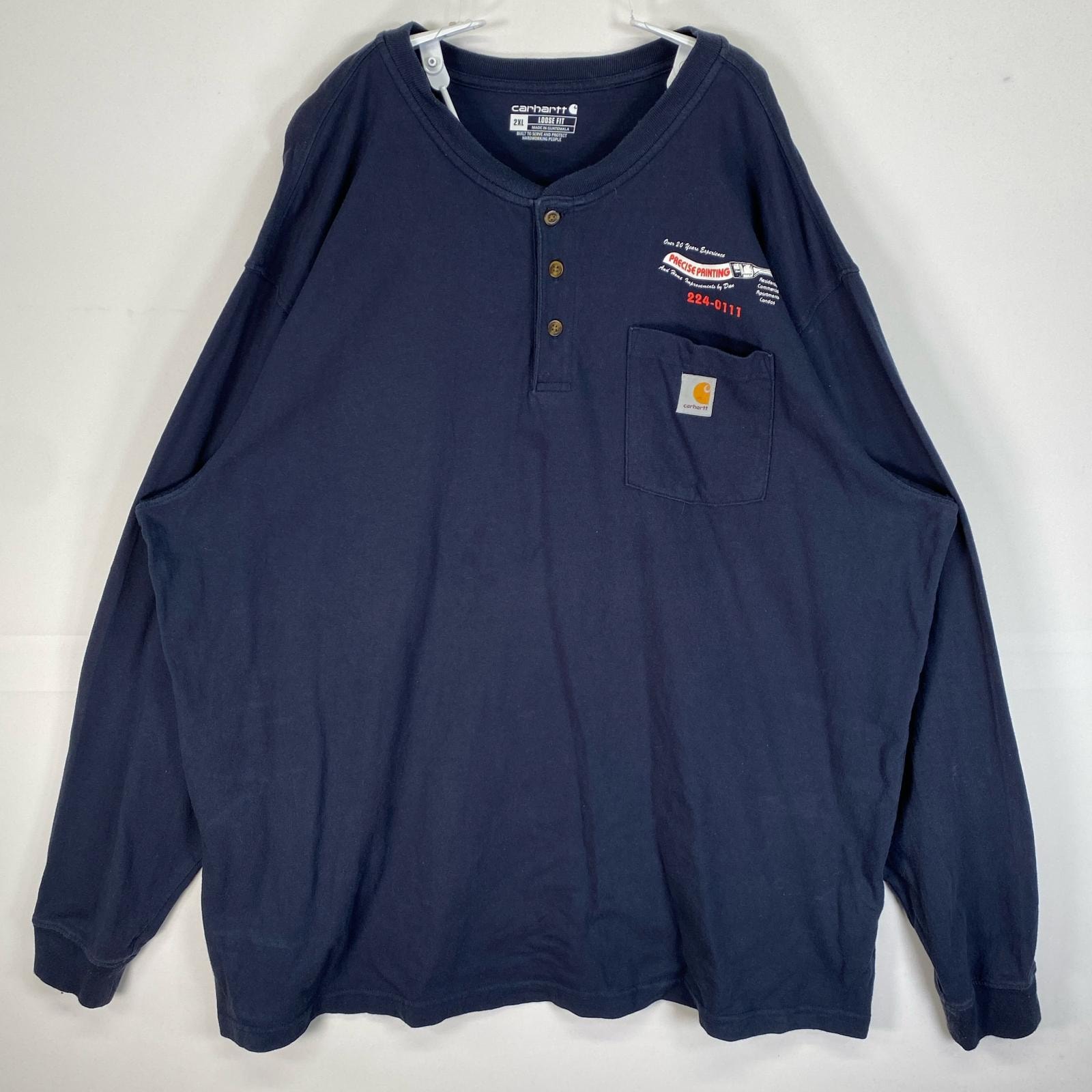 古着 カーハート Carhartt 長袖Tシャツ ヘンリーネック ワンポイント ロゴ 胸ポケット 2XL  ネイビー 両面プリント メンズ