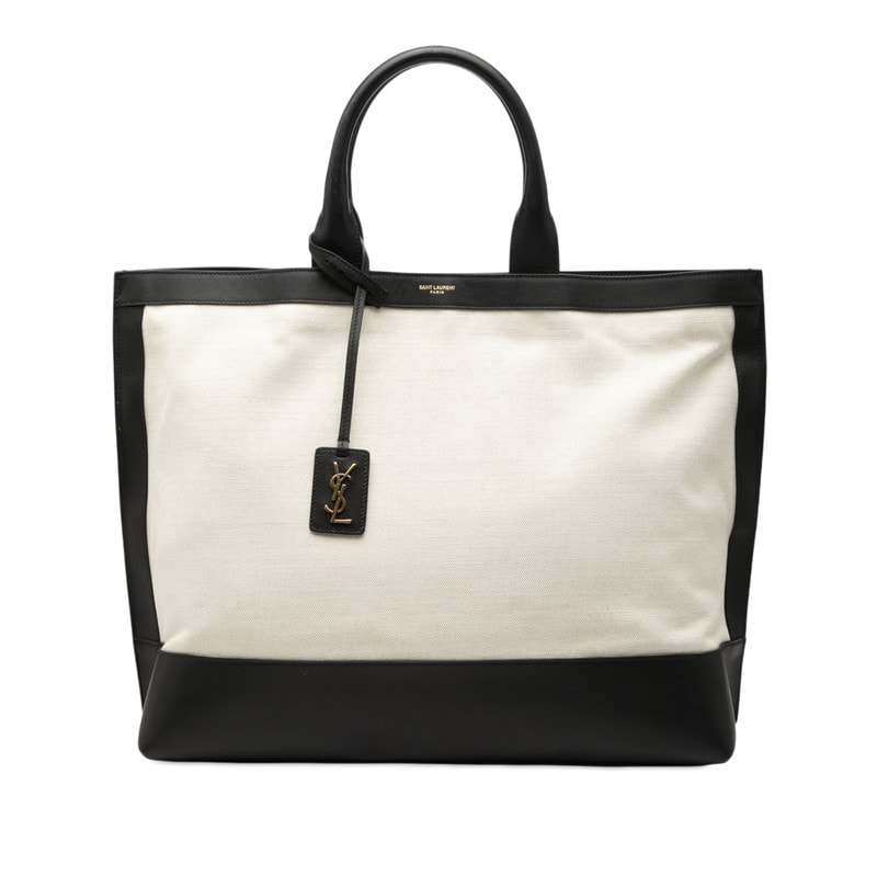 サンローラン ロゴ サック ショッピング トートバッグ 619757 ナチュラル ブラック キャンバス レザー レディース SAINT LAURENT 【中古】
