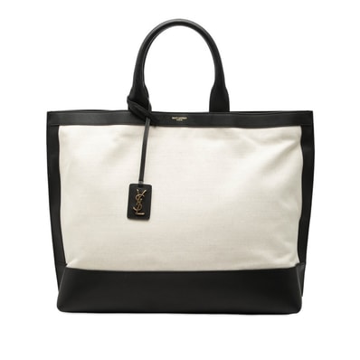 サンローラン ロゴ サック ショッピング トートバッグ 619757 ナチュラル ブラック キャンバス レザー レディース SAINT LAURENT 【中古】