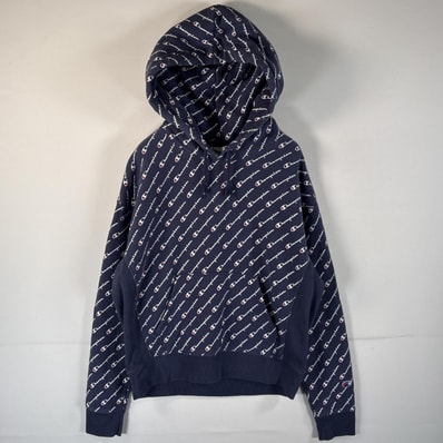 古着 00’s/00年代 チャンピオン Champion パーカー リバースウィーブ 復刻 フーディー フード紐 マフポケット LARGE ネイビー 総柄 メンズ