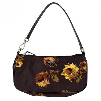 PRADA プラダ ハンドバッグ 花柄 フラワー ワンハンドバッグ 肩掛け ナイロン レザー ブラウン 茶 イエロー シルバー金具 レディース【中古品】