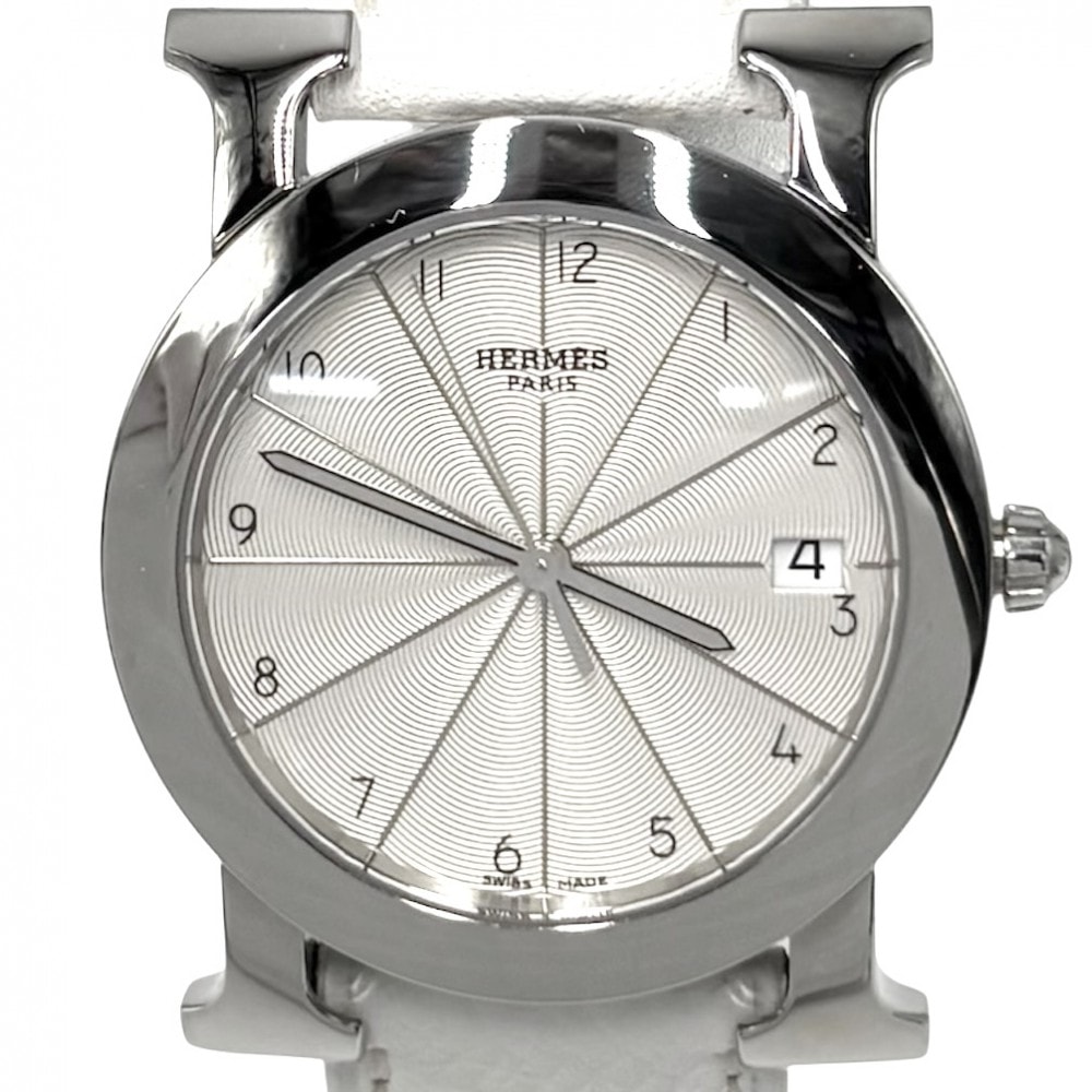 HERMES エルメス 腕時計 Hウォッチ ロンド ギョーシェ文字盤 革ベルト 電池式 HR1.510 クオーツ レザー ステンレススチール ホワイト 白 シルバー ユニセックス 美品 2007年【中古品】