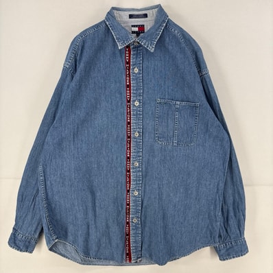 古着 90's/90年代 トミーヒルフィガー TOMMY HILFIGER デニム 長袖シャツ 胸ポケット JEANS ロゴ L ブルー メンズ