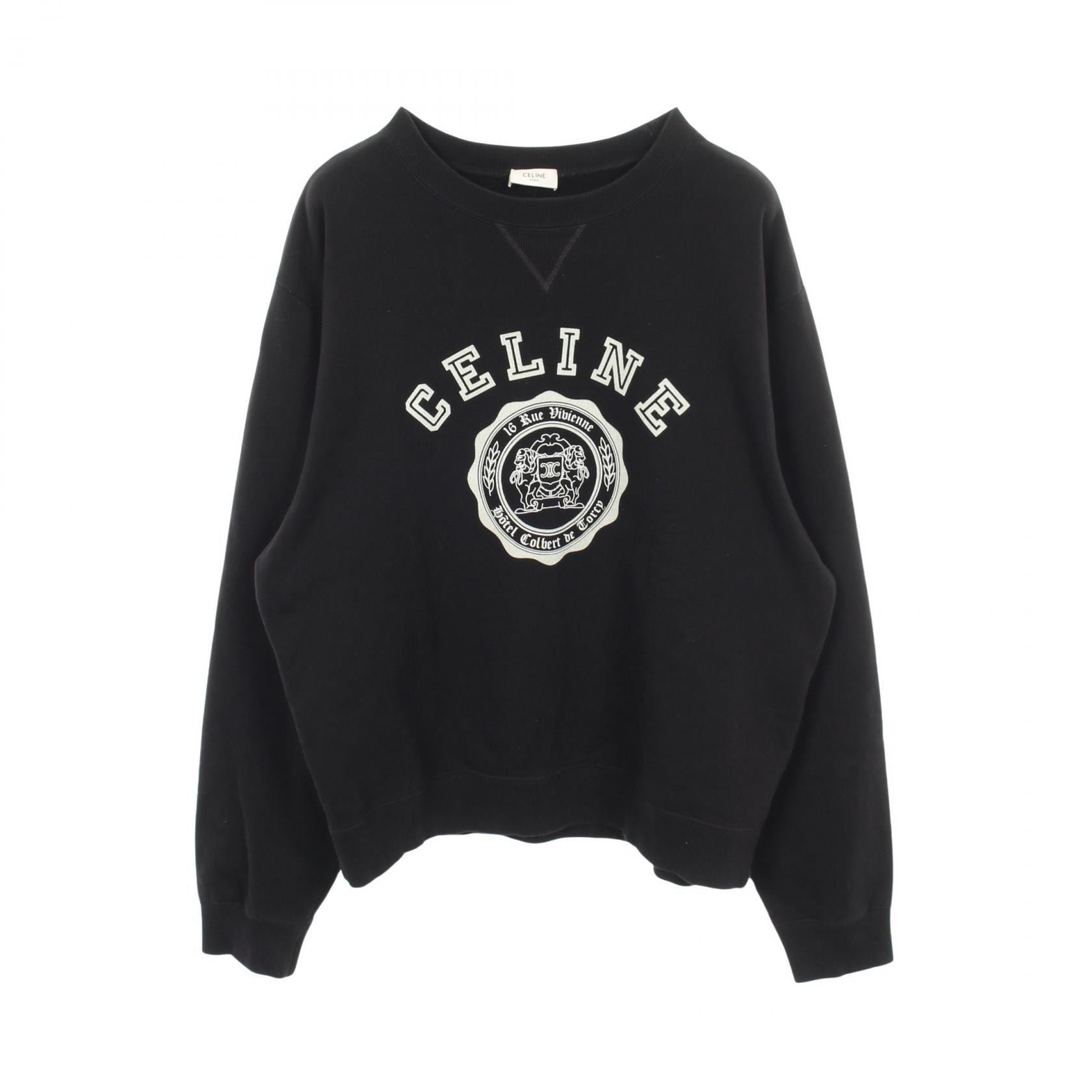セリーヌ CELINE カレッジロゴ フロッキープリント クルーネック スウェット 衣料品 トップス コットン メンズ ブラック系 【中古】