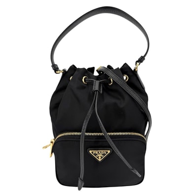PRADA プラダ 2WAY デュエット バケットバッグ ハンドバッグ ショルダーバッグ 肩掛け 斜め掛け 巾着バッグ 1BH038 ナイロン レザー ブラック 黒 ゴールド金具 レディース【中古品】