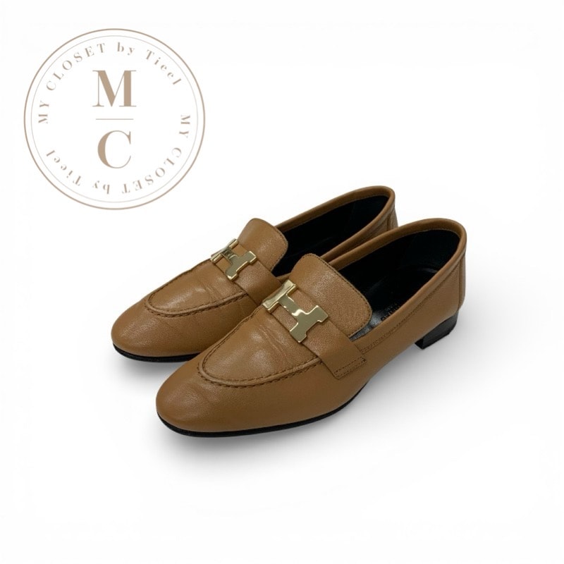 エルメス HERMES パリ ローファー 革靴 靴 シューズ レザー ナチュラル ゴールド H金具 モカシン